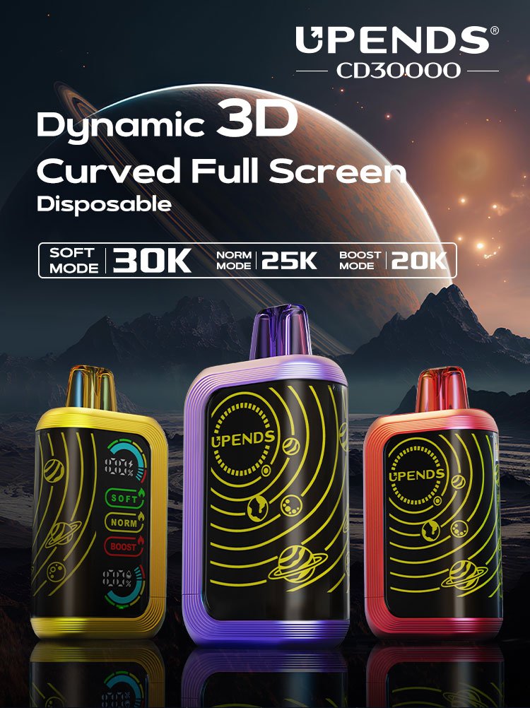 3D-gebogen volledig scherm, 180° gevouwen, toont e-liquid- en batterijniveau.