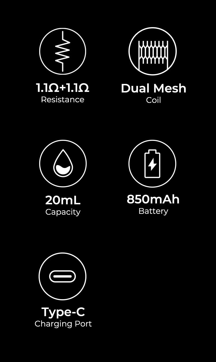 Specificaties: Dual Mesh Coil, 30.000/25.000/20.000 trekjes, 20ml, 850mAh, Type-C