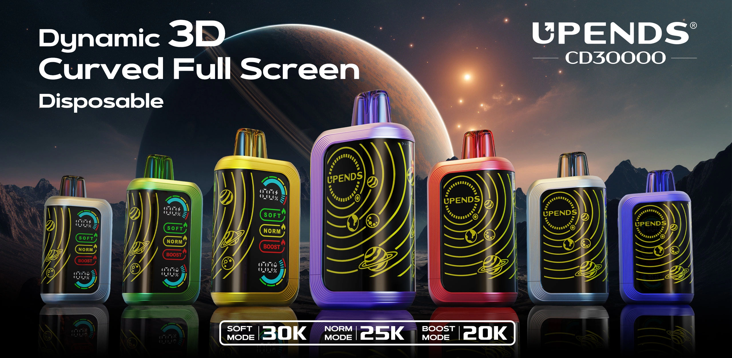 3D-gebogen volledig scherm, 180° gevouwen, toont e-liquid- en batterijniveau.