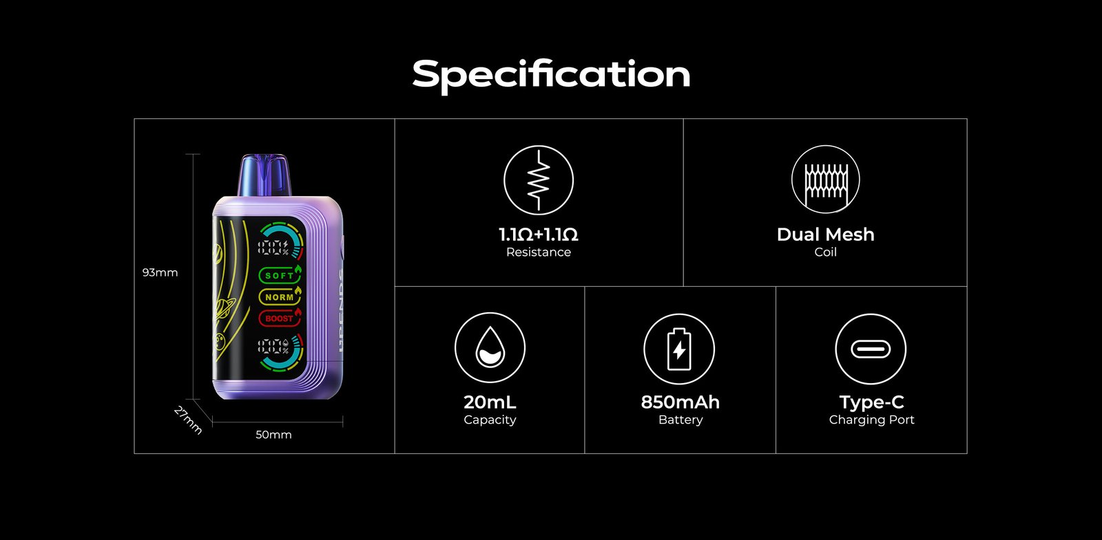 Specificaties: Dual Mesh Coil, 30.000/25.000/20.000 trekjes, 20ml, 850mAh, Type-C, 50x27x93mm