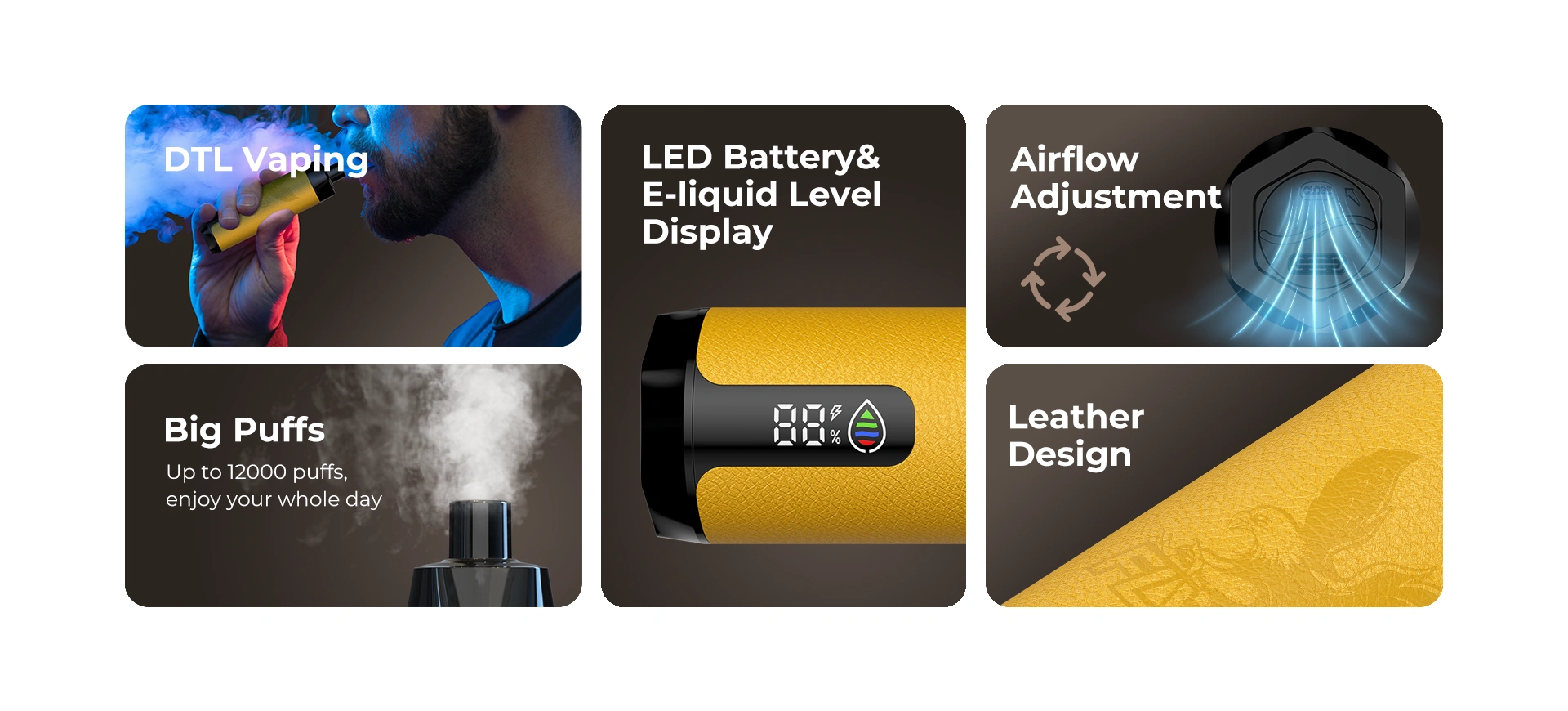 DTL wegwerp-vape, tot 12.000 puffs, LED-batterij/liquidniveau, verstelbare airflow, lederdesign.