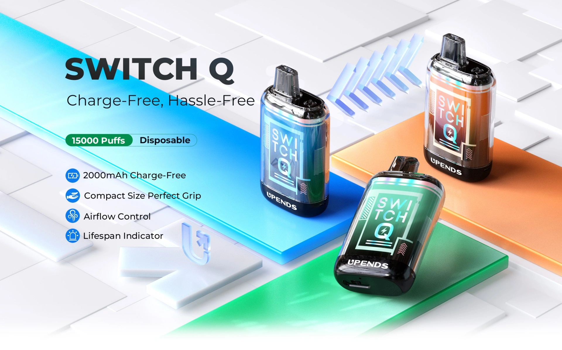 SWITCH Q, geen opladen nodig, 15.000 puffs, 2000mAh, compact, airflow en levensduurindicator