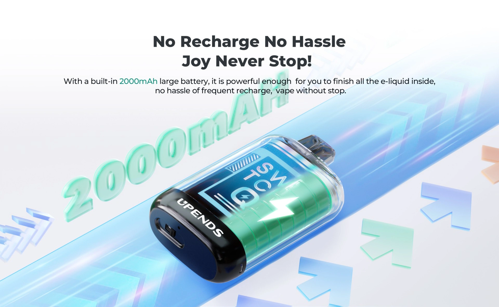 Geen opladen, 2000mAh batterij maakt volledig gebruik van e-liquid mogelijk zonder onderbreking