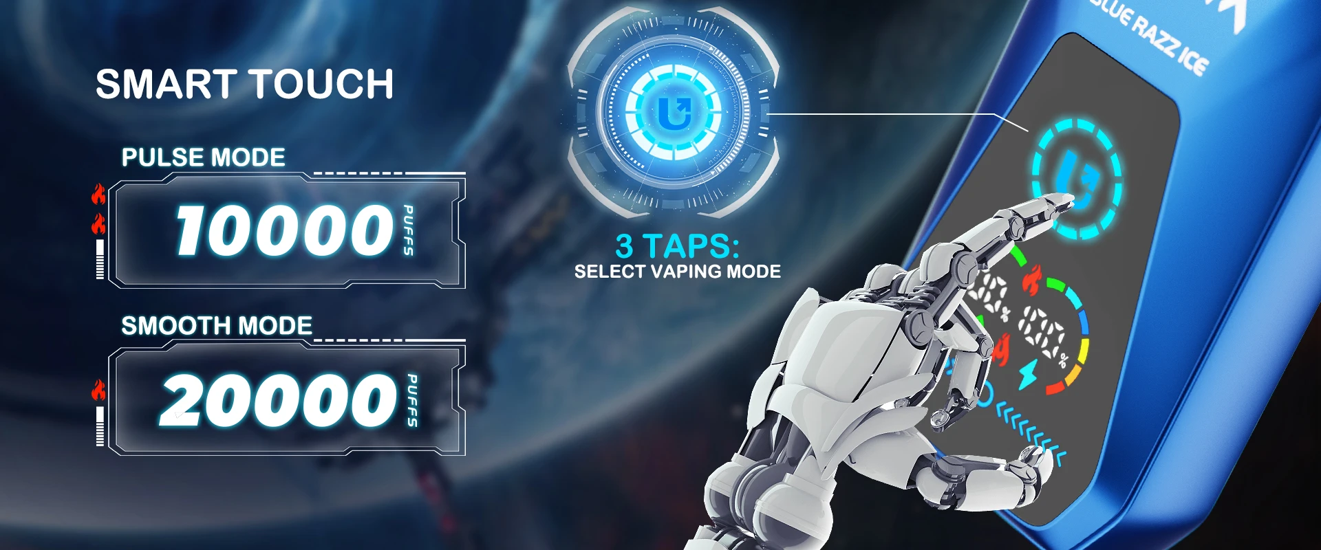 Smart Touch, 3 tikken voor modus: PULSE 10.000, SMOOTH 20.000 puffs