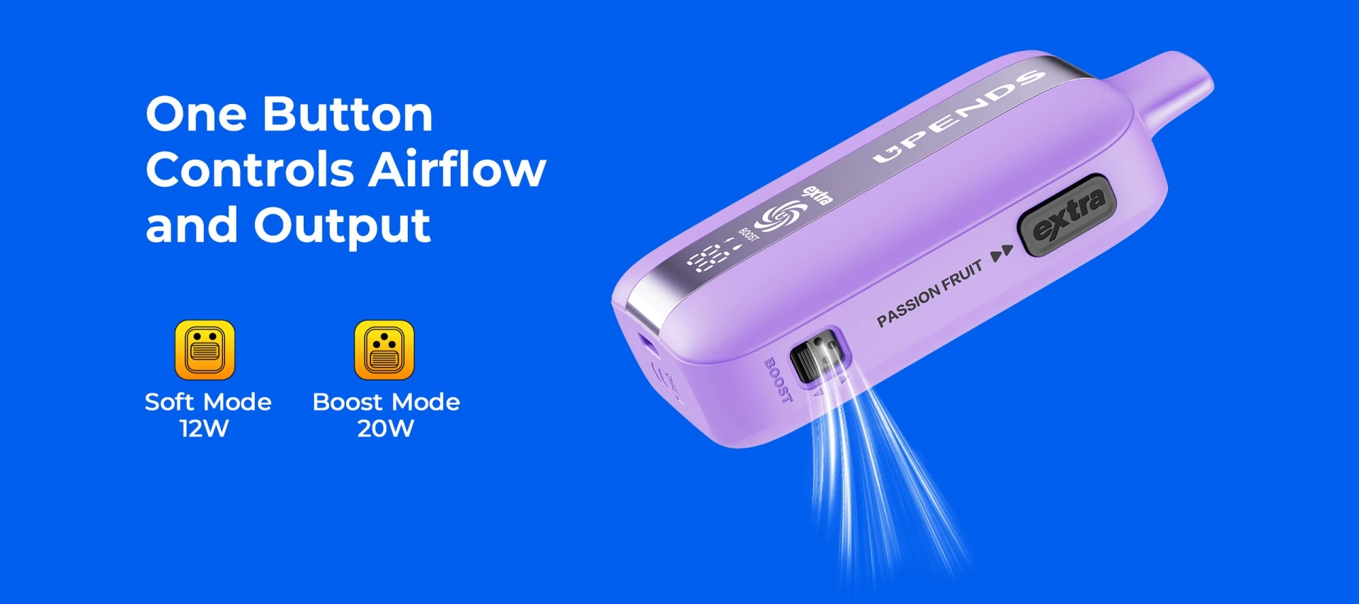 Eén knop voor airflow en vermogen: Soft 12W, Boost 20W