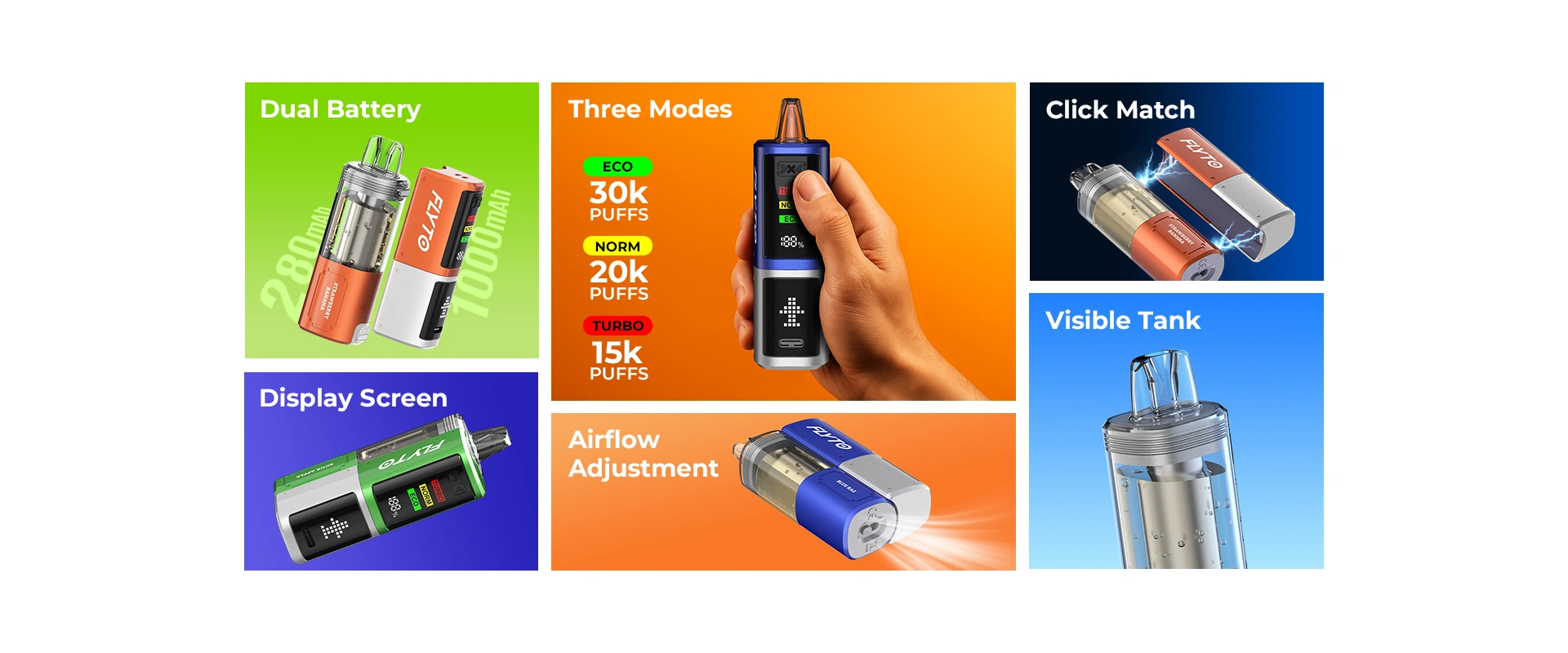 Drie modi: Eco – 30.000 trekjes, Norm – 20.000 trekjes, Turbo – 15.000 trekjes, Dual Battery, Display, verstelbare luchtstroom, Click Match, zichtbare tank