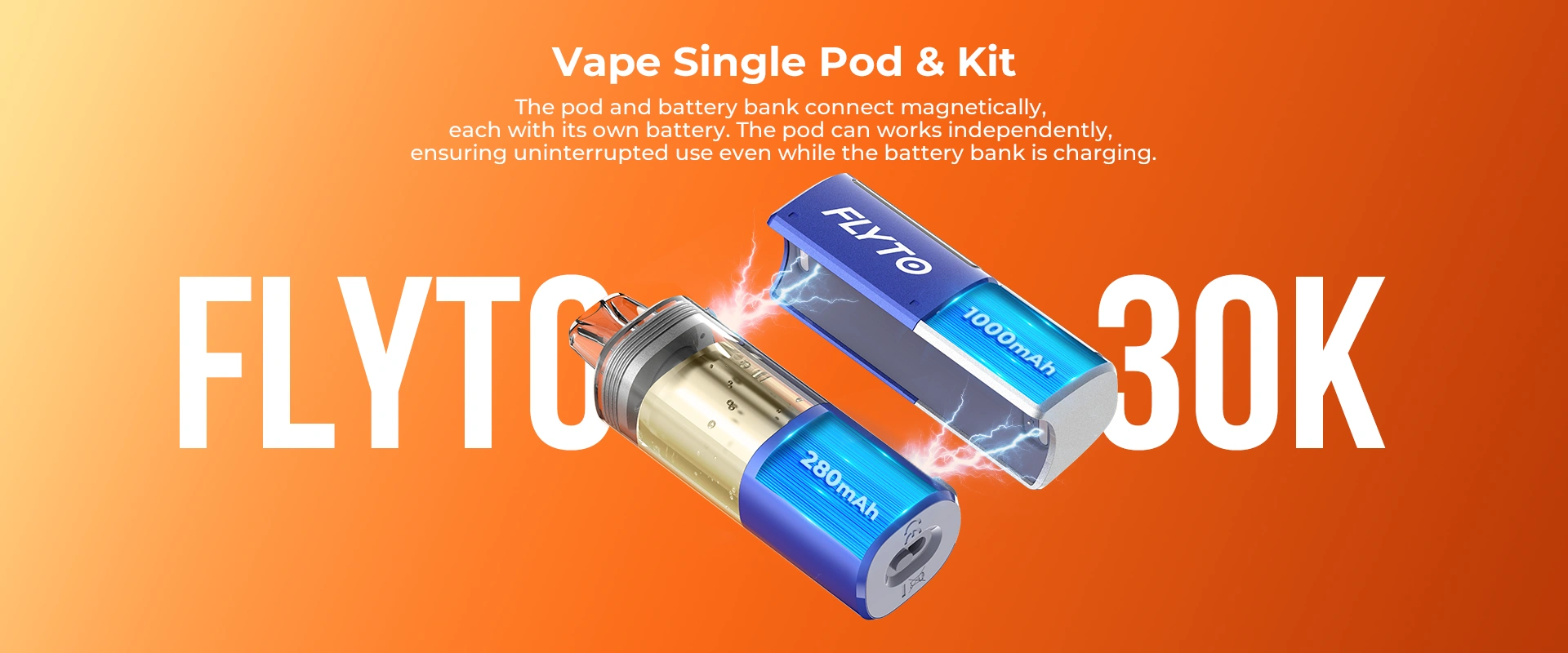 Pod en batterijbank magnetisch verbonden, pod kan onafhankelijk werken, continue gebruik tijdens opladen