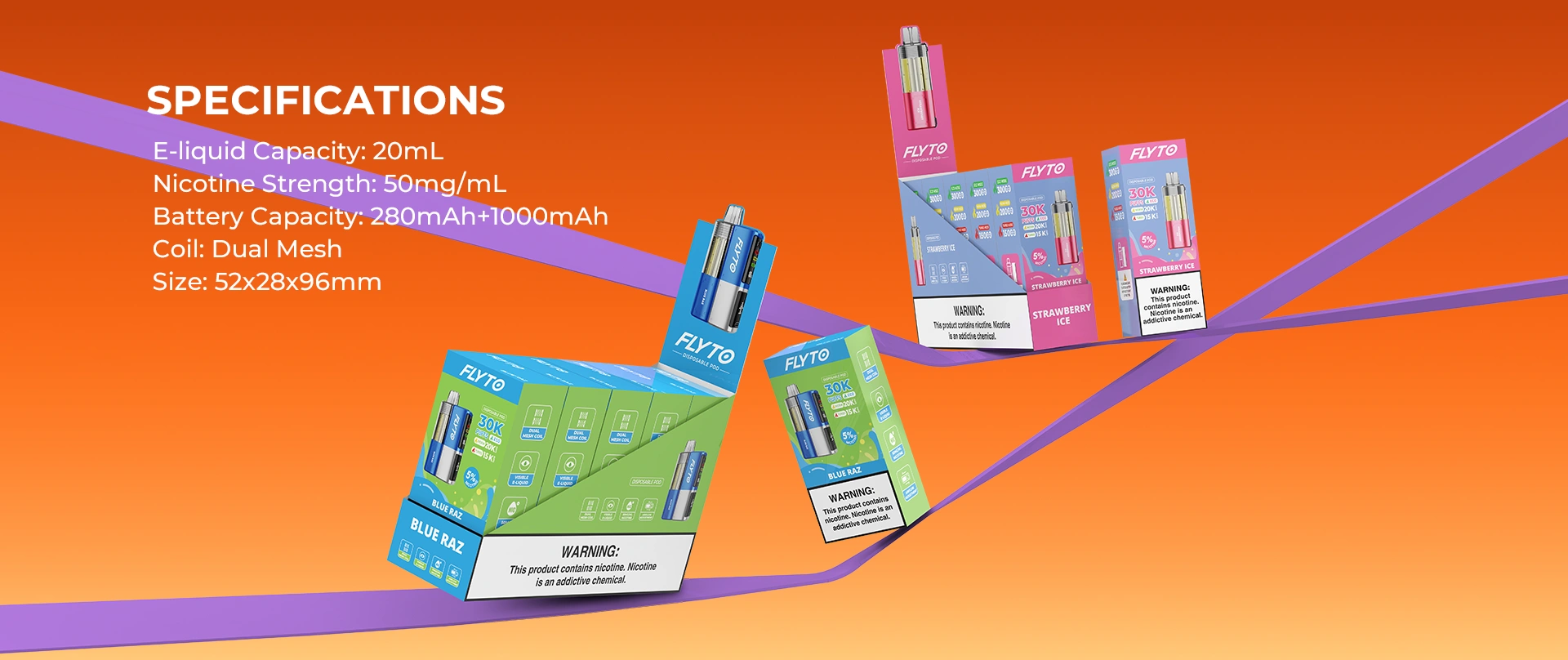 Specs: 20ml e-liquid, 50mg/ml nicotine, batterij 280mAh+1000mAh, Dual Mesh Coil, 52x28x96mm