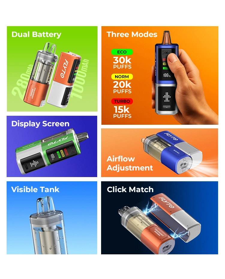 Drie modi: Eco – 30.000 trekjes, Norm – 20.000 trekjes, Turbo – 15.000 trekjes, Dual Battery, Display, verstelbare luchtstroom, Click Match, zichtbare tank