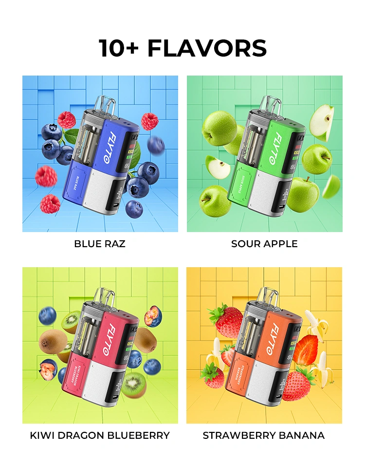 10 smaken: Blue Raz, Sour Apple, Kiwi Dragon Blueberry, Strawberry Banana, Peach Juice, Strawberry Cupcake, Mexican Mango, Strawberry Ice, Miami Mint, Blueberry Watermelon