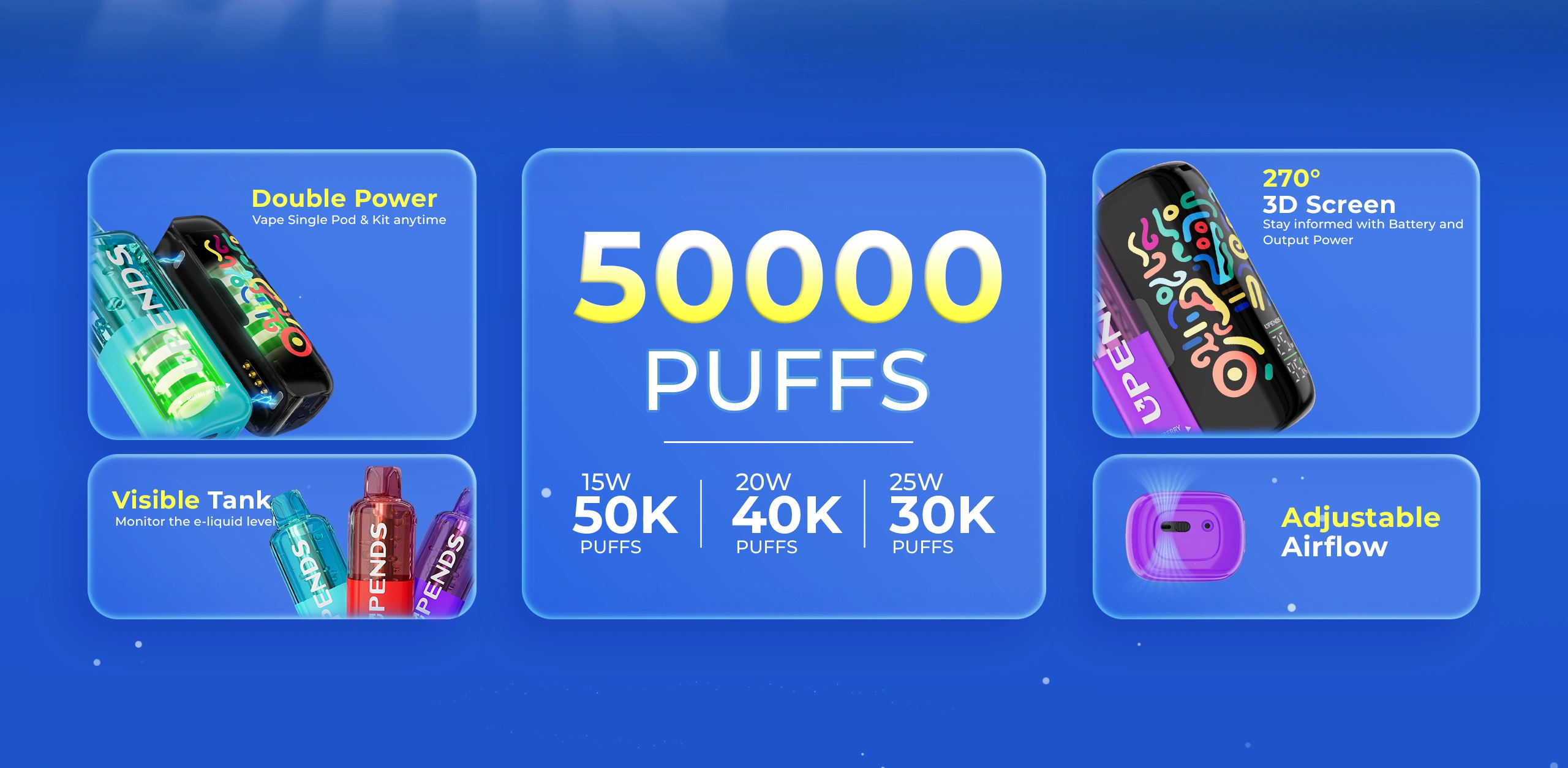 50000 puffs, 3 vermogensstanden, zichtbare tank, verstelbare luchtstroom