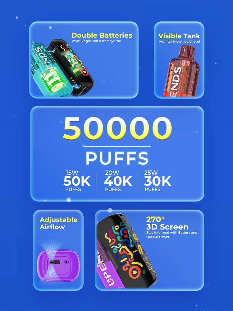 50000 puffs, 3 vermogensstanden, zichtbare tank, verstelbare luchtstroom