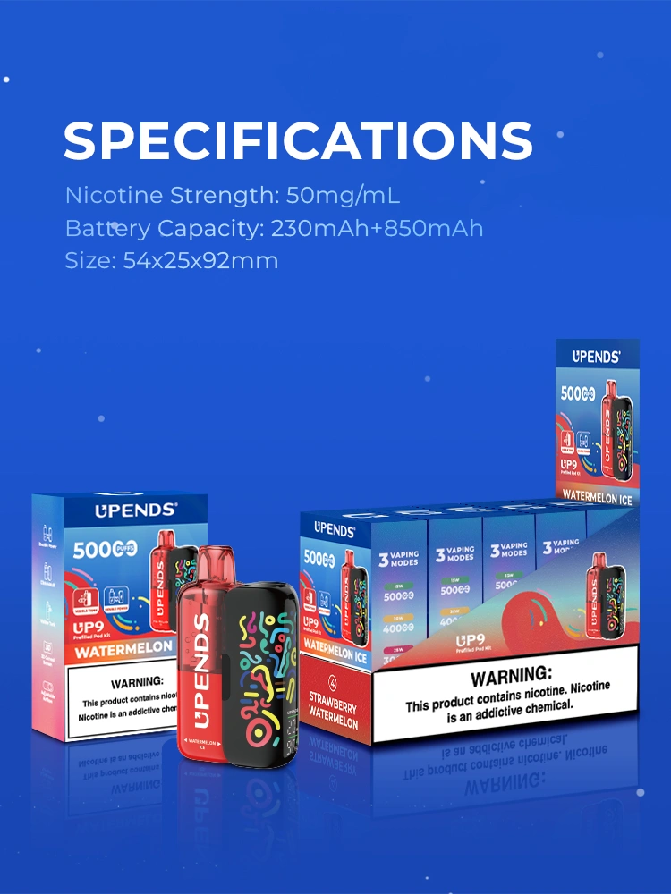 Specs: 20ml e-liquid, 50mg/ml nicotine, 230mAh+850mAh batterij, 54x25x92mm